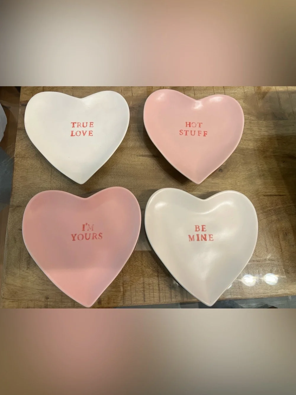 Pottery Barn Heart Trinket or snack dessert Dishes in Pink and White - Set of 4